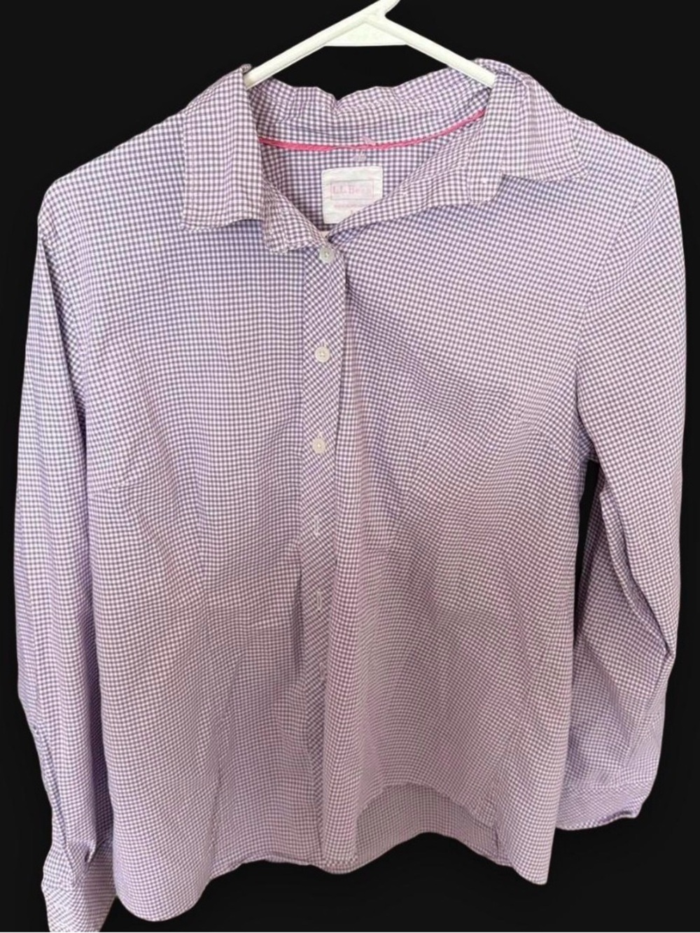 L.L.Bean Mens S Regular Cotton Purple/White Check Long Sleeve Point Collar